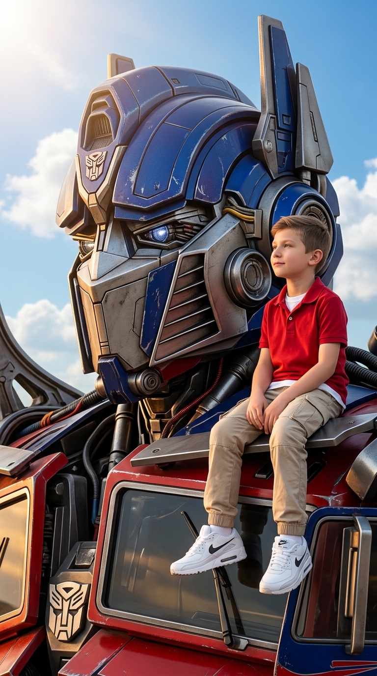 Benja sentado junto a un robot gigante